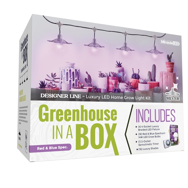 Miracle Led 4-Socket Designer Greenhouse in a Box Grow Lght Kit, Red/Blue Spec, 14W Rplc 150W Grow Bulbs, 4PK 801788 - main